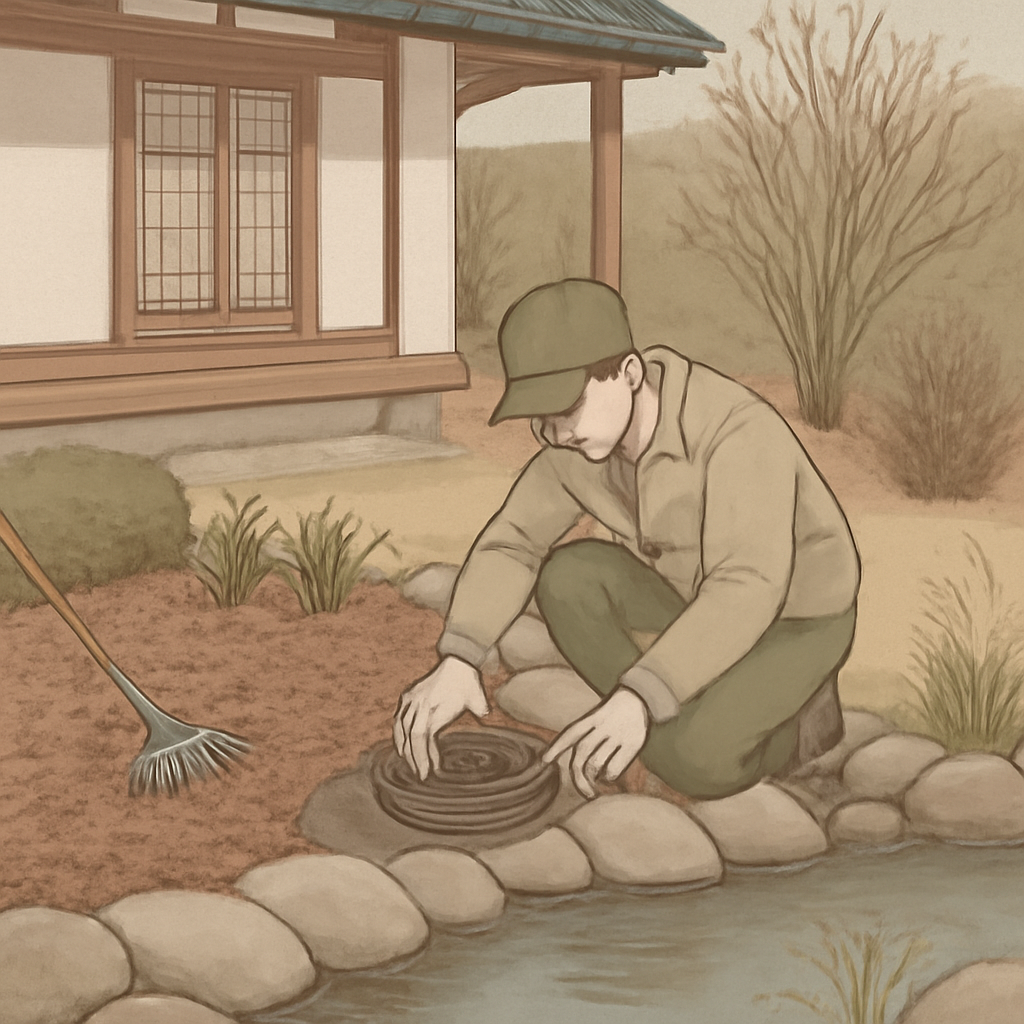 겨울 전 멀칭과 식물 보호, 정원 시설 점검이 한눈에 보이는 정원 일러스트