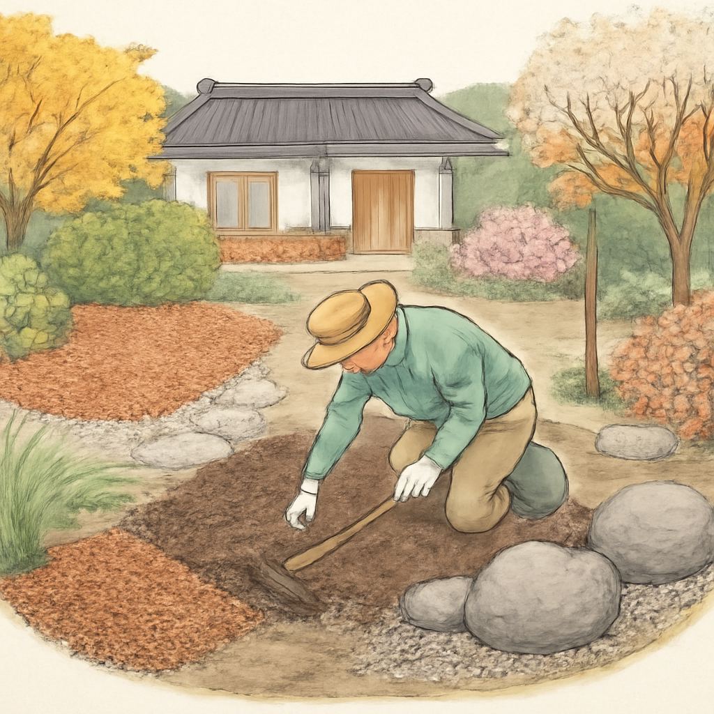 봄·여름·가을·겨울별로 정원에서 경운, 멀칭, 낙엽 섞기, 정원석 주변 토양 점검과 배수 확인을 실천하는 자세한 장면이 한눈에 펼쳐진 주택 정원의 차분한 풍경 일러스트